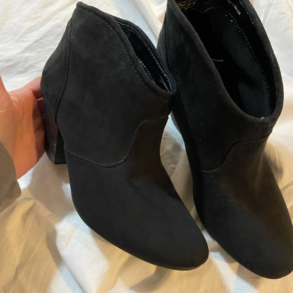 Express Black Suede Ankle Booties with Almond Toe - Picture 2 of 9